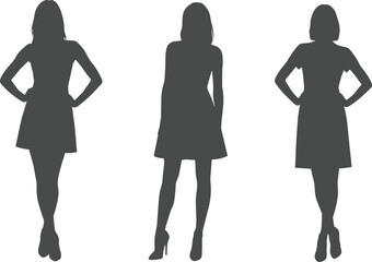 Women silhouette in dress, female fashion figure, standing pose, stylish outline, elegant posture, vector illustration, modern clothing design