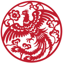 Traditional Chinese Phoenix Paper Cut Vector Art with Flying Bird in Red Circular Frame, Oriental Mythical Creature Symbol of Prosperity, Beauty, Rebirth, Feng Shui and Lunar New Year Decoration