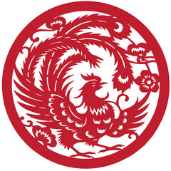 Traditional Chinese Phoenix Paper Cut Vector Illustration in Red Circular Design, Oriental Mythical Bird Symbol of Prosperity, Luck, Happiness and Feng Shui Decoration for Lunar New Year Festival