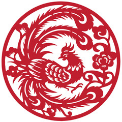 Vector Illustration of Red Phoenix in Classic Chinese Papercut Art Style with Circular Pattern, Cultural Oriental Mythology Symbol of Rebirth, Luck, Harmony and Festival Decorative Design