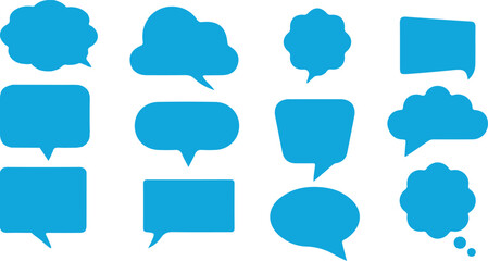 Collection of twelve blue speech bubble shapes with transparent background thought bubble chat bubble