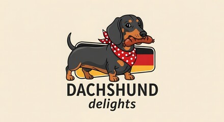 Dachshund dog with bandana holding treat and German flag logo