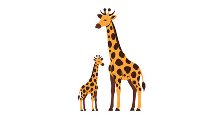 Obraz premium Two giraffes one adult and one baby standing on a white background illustration.