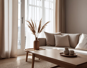 Scandinavian living room, modern design, interior, cozy, neutral colors, minimalist, pampas grass, natural light