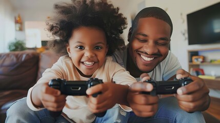 A young girl and a man playing video games in a cozy living room with a brown leather couch and a TV in the background.