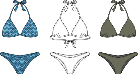 Fashion flat technical sketch of a bikini swimsuit with a halter neck top and tie-side bottoms, vector illustration, CAD drawing.