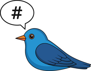 Cute cartoon blue bird speaking a hashtag symbol in a speech bubble social media communication concept vector
