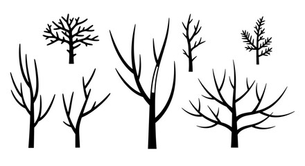 A collection of black, leafless tree silhouettes. Set of isolated, minimalist vector graphics representing winter or autumn trees for nature-themed design.