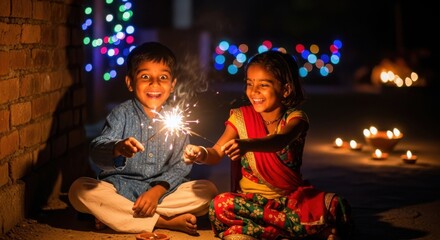 Indian children with sparklers during Diwali festival at the street