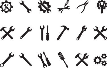 Tools and Service Icons Set. Wrench, screwdriver and gear icon. Screwdriver and wrench glyph icon. Settings and Repair tools symbol
