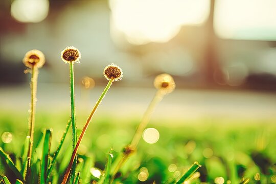 Close-up of three small, brown seed-heads on tall grass blades, bathed in golden sunlight