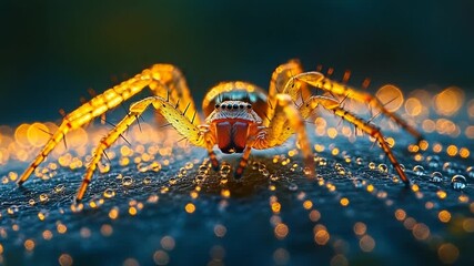 Close-up of a spider with dew on its web at dawn - Powered by Adobe