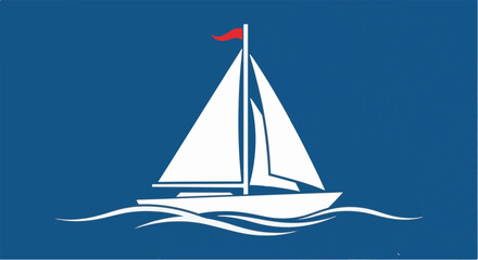 Sailboat Illustration with Red Flag on Blue Background