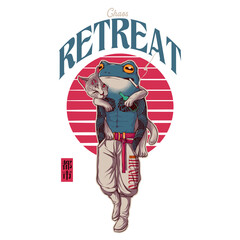 A cool frog with tattoos carrying a cat on its back, walking in front of a Japanese-style red sun with 