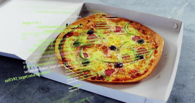 On lid lift, pepperoni pizza receiving scrolling code, server lifting slice for digital ordering