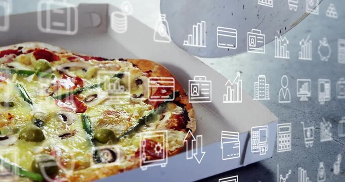 After pizza reveal veggie pizza in box getting overlaid with scrolling business icons showing data