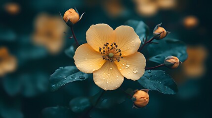 Vibrant Yellow Flower Close-Up with Water Drops, Focused on Central Bloom & Surrounded by Buds & Green Leaves