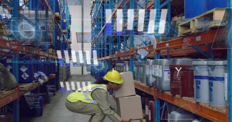 Woman wearing neon vest stacking boxes while tapping progress bar updating warehouse inventory - Powered by Adobe