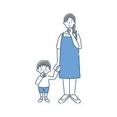 考えている女性保育士と男の子の園児のシンプルな線画イラスト素材
