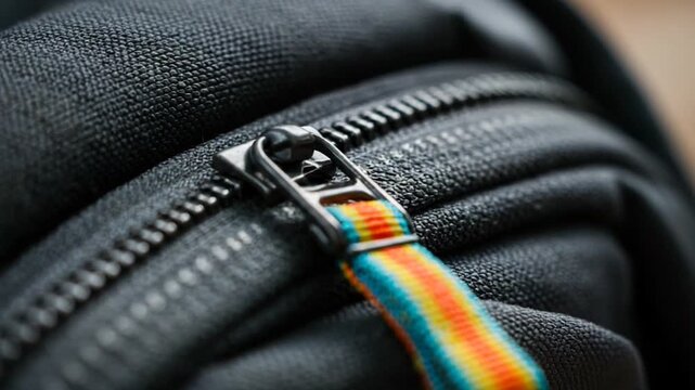 Close-up of a zipper on a black backpack