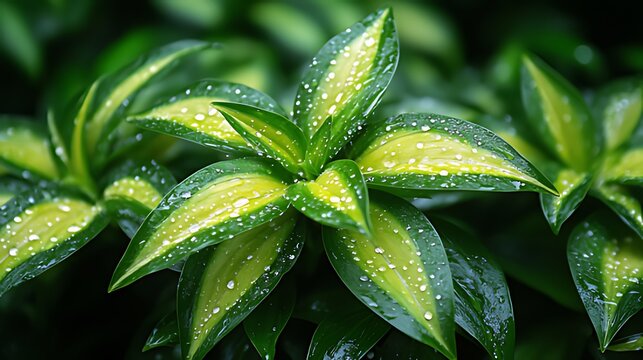 Close-Up of Lush Green & Yellow Variegated Leaves with Clear Water Drops, Sharp Focus on Central Plant