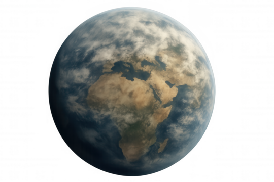 Earth globe showing africa and europe continents with clouds, global environmental issues, space and geography concepts, transparent background