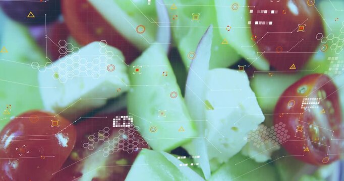 Closeup showing salad in container, overlay fading, scanning for data analysis, view drifting right