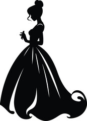 A detailed illustration of a princess in an elegant ball gown, flowing dress, voluptuous hairstyle, holding a rose, detailed silhouette, black and white
