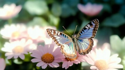 Beautiful Butterfly Resting on Pink Daisy Flowers for Nature, Spring, Garden Decor, Education and Creative Design