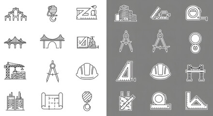 Construction and Architecture Icons A Set of Drawings Representing Building and Engineering Elements