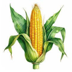 Watercolor illustration of a corn cob with vibrant yellow kernels and lush green leaves