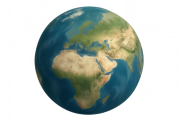 Earth globe showcasing continents of europe, africa, and asia, representing global connection and world travel. Transparent background