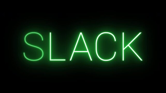 Flickering neon green Slack sign animated on black background.
