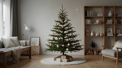 A beautifully decorated christmas tree with white ornaments and warm lights placed in a minimalist and cozy living room. Christmas concept