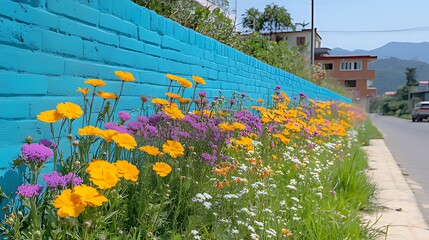 Vibrant Impressionistic Scene: Turquoise Brick Wall with Yellow/Purple Wildflowers, Parallel Path & Red-Roofed Buildings