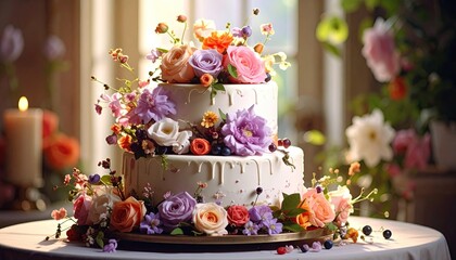 Elegant, multi-tiered wedding cake adorned with vibrant flowers