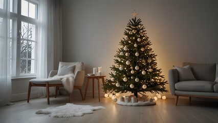 A beautifully decorated christmas tree with white ornaments and warm lights placed in a minimalist and cozy living room. Christmas concept