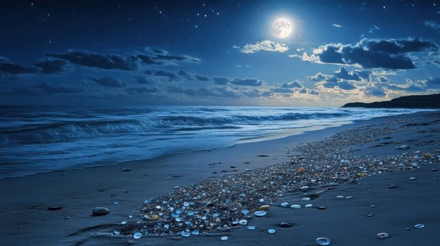 Serene Night Seascape: Moonlit Beach with Glass Pebbles