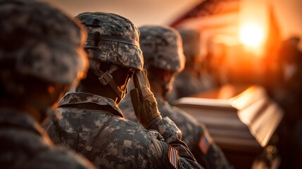 Obraz premium Soldiers Saluting at Sunset During Memorial Ceremony with Flag