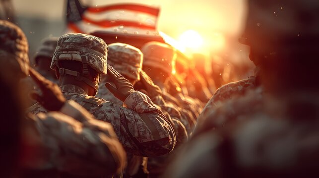 Soldiers in Uniform Saluting Under Sunset with American Flag