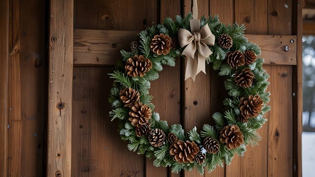 A festive traditional christmas wreath decorated with pine cones and a golden ribbon hanging on a rustic wooden door. Christmas concept