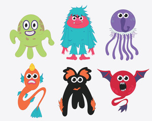 Collection of cute colorful flat monsters with funny expressions. Perfect for kids design, Halloween theme, cartoon projects, playful backgrounds, fantasy, and creative artwork.