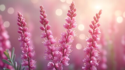 Vibrant Close-Up of Bright Pink Flowers (Spirea/Heather), Vertical Blooms with Soft Pink-Purple Bokeh & Lens Flare