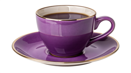 The enigmatic elixir – a purple coffee cup and saucer cut out on PNG. AI GENERATED.
