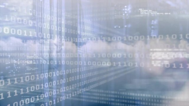 Binary overlay appearing and sliding while code fading and clouds drifting aiding cloud computing