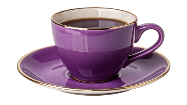 The enigmatic elixir – a purple coffee cup and saucer cut out on PNG. AI GENERATED.

