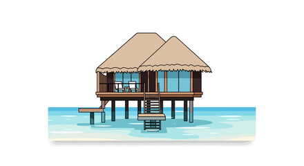 A charming overwater bungalow with a thatched roof, resting on stilts above clear turquoise water.