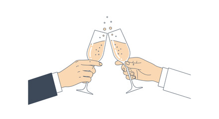 Two hands in suits toasting with champagne glasses filled with bubbly champagne, celebrating a special occasion.