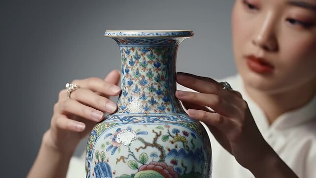 Woman Examining an Antique Chinese Porcelain Vase