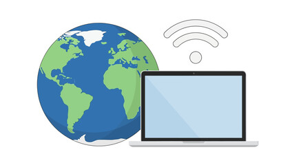 A laptop computer connected to the internet via Wi-Fi, with a globe in the background symbolizing global connectivity.